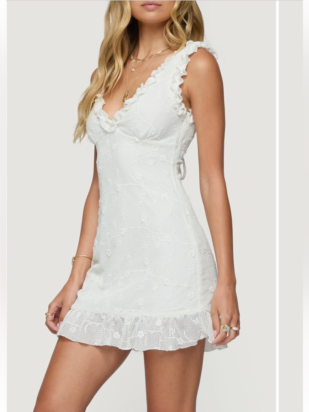 🆕 EDIKTED White Ruffle-Trim Lace Mini Dress